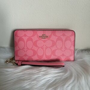 Coach C4452 Signature Long Zip Around Wallet Pink Lemonade Wristlet NEW